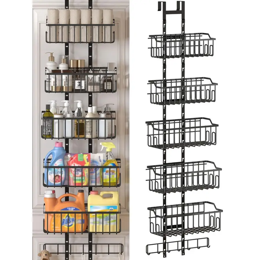

Регулируемый органайзер для белья над дверью, металлический подвесной органайзер для чистящего шкафа большой емкости с 5-проводной корзиной, 7 крючками, Wa