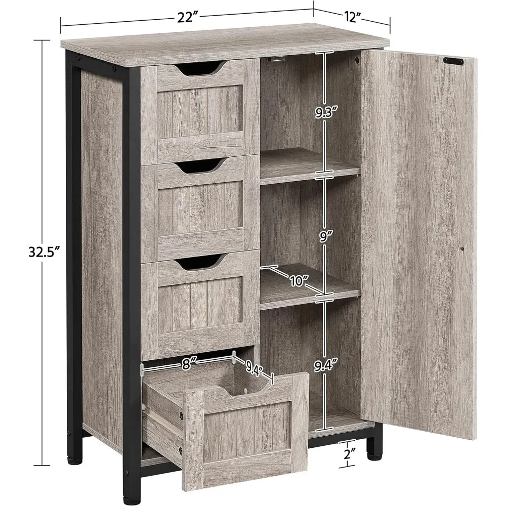 XMSJ Bathroom Floor Cabinet with 4 Drawers Freestanding Storage Cabinet with Single Door and Adjustable Shelves Cabinets