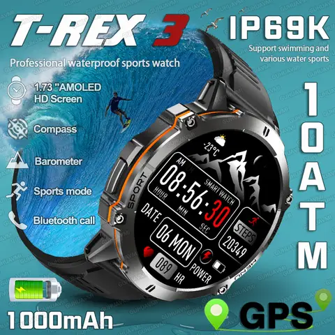 New T-Rex 3 Men Swim 1000mAh Battery Smart Watch IP69K&10ATM Waterproof GPS Compass Altimeter Call AMOLED Outdoors Sport Watches