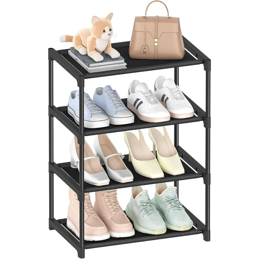 

4 Tiers Small Shoe Rack,Narrow Stackable Shoe Shelf Organizer,Sturdy Shoe Stand, Non-Woven Fabric Metal Shoe Racks for Entryway,