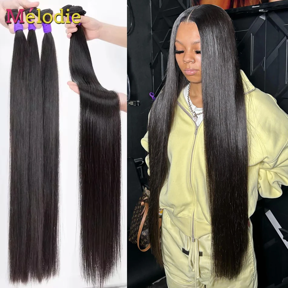 MELODIE 30 40 Inches Bone Straight Human Hair Weave Bundles Natural Black Human Hair Extensions Brazilian