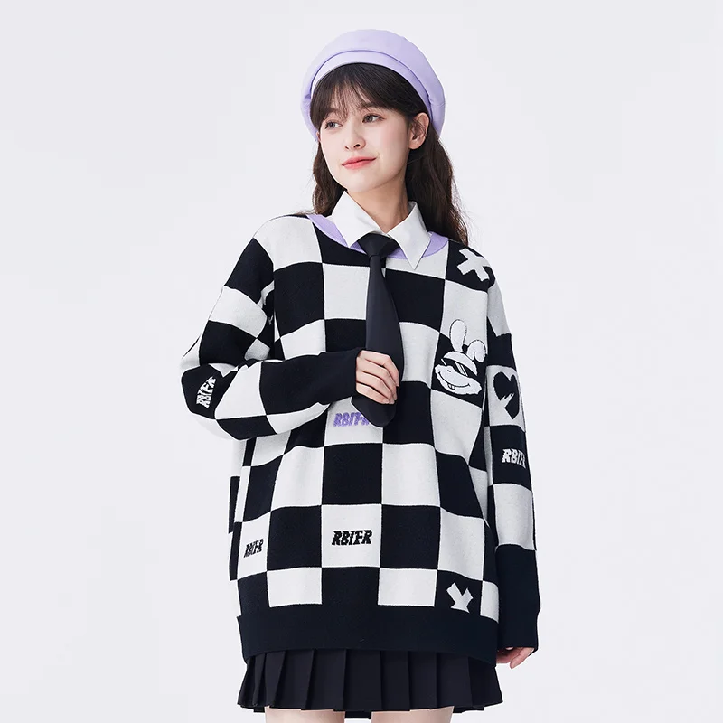 Semir Women Sweater Autumn New Mid-length Oversize Checkerboard Pullover Rabbit Embroidery Jacquard Sweater for Women