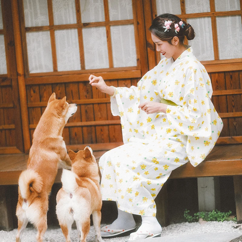 

Women's Japanese Kimono 100% Cotton Hot Spring Bathrobe Home Wear Daisy Prints Summer Dress with Belt Photography Clothing