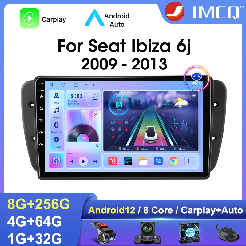 

JMCQ 9" 2Din Android 12 Car Radio Multimedia Video Player For Seat Ibiza 6j 2009-2013 Navigation GPS 4G Carplay Head Unit Stereo