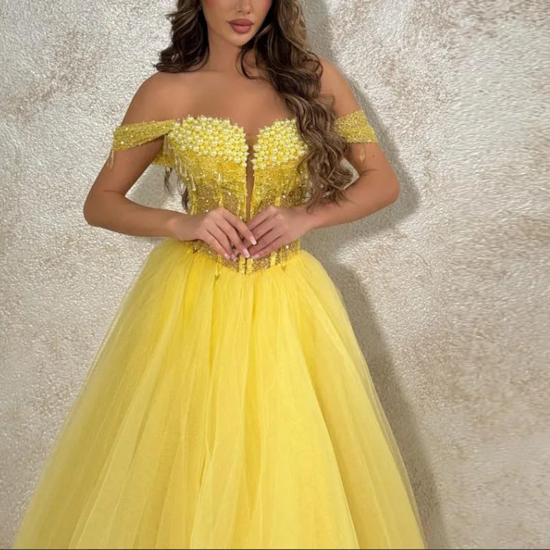 Customized Yellow Off the Shoulder Prom Dresses Pearls Corset Ball Gown Bead Tulle Long Wedding Party Dress for Women