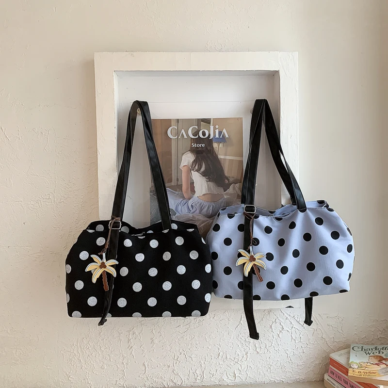 Multi-layer Canvas Polka Dot Tote Bag for Women 2026 New Style Fashionable Large Capacity Hand-held Shoulder Bag for Daily Wear