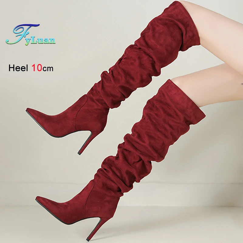 

Осенне-зимние женские рыцарские сапоги винно-красного цвета, плиссированные сапоги до колена с острым носком, эластичные длинные сапоги на тонком высоком каблуке, сложенные сапоги