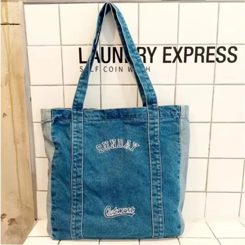 Large Capacity Canvas Shopping Bag Simple Portable Commuting Bag Denim Shoulder Bag