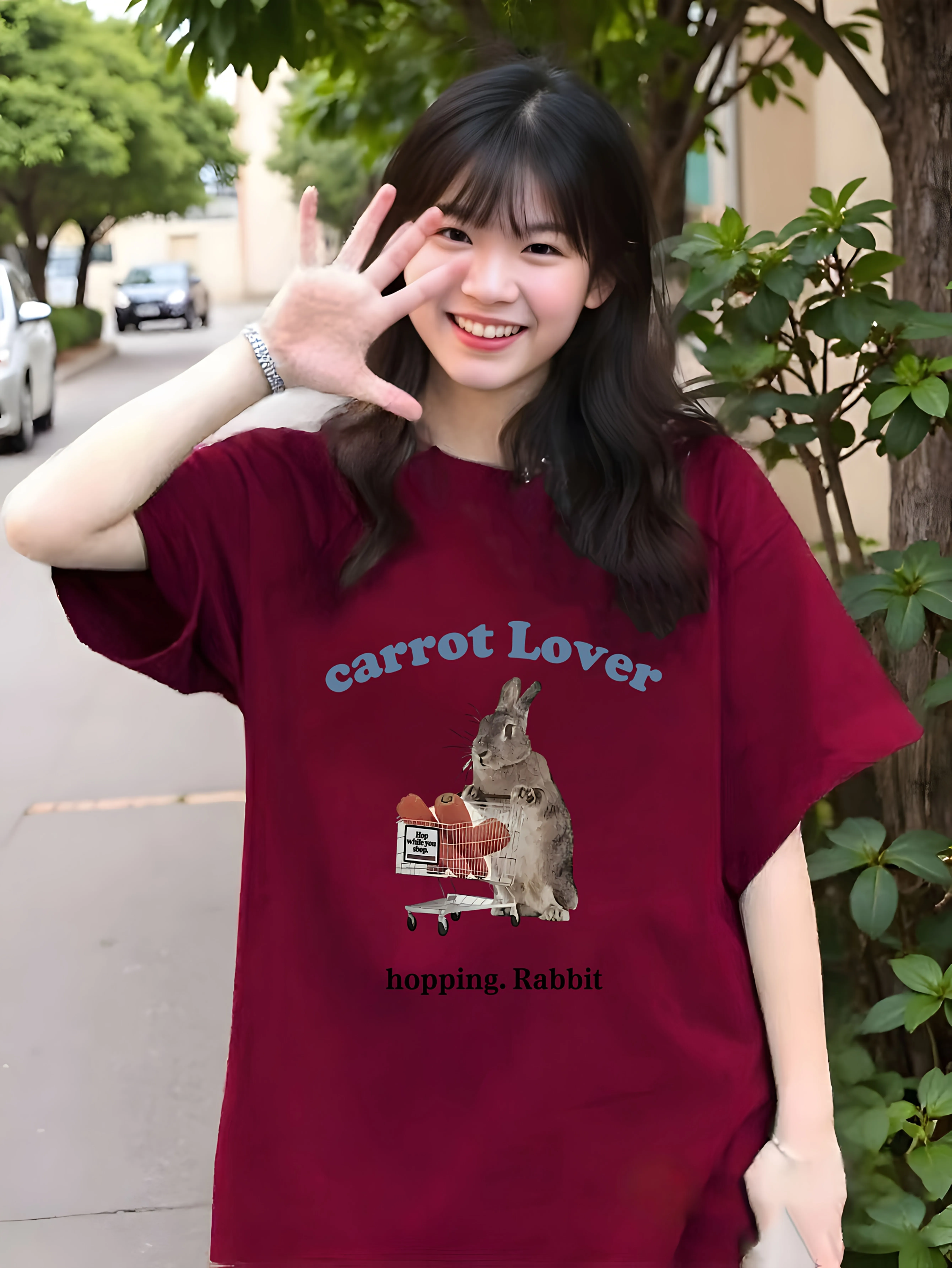 Women Short Sleeve T Shirt Vintage Rabbit Shopping Cart Graphic Crew Neck Tees Soft Casual Tops For Women Daily Street Wear