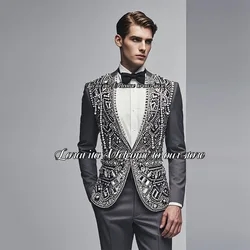 Sparkling Metal Diamond Men Suit 2 Pieces Set Groom Tuxedo Slim Wedding Prom Blazers Pants Outfit Customized trajes para hombre