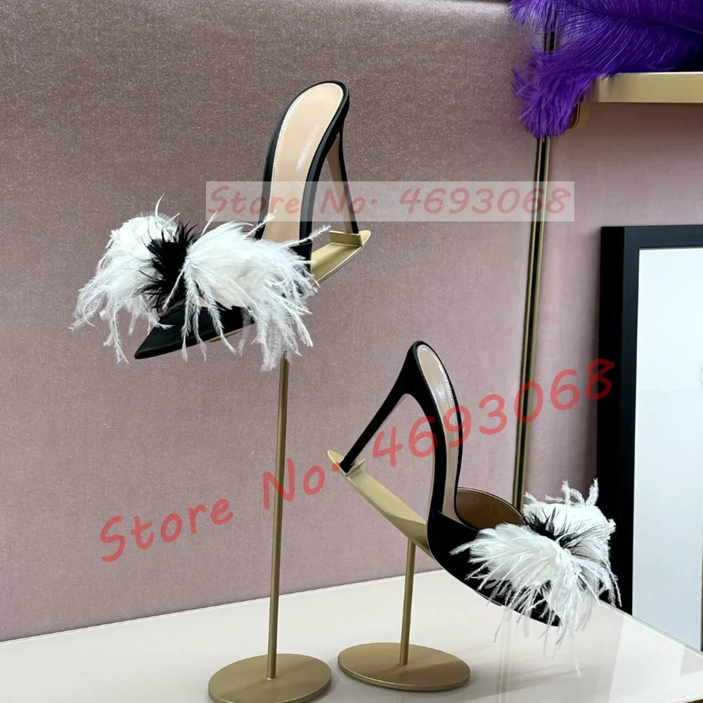 

White Feather Black Pointed Toe Mules Women Fantastical Open Toe Stiletto Satin Shoes Summer Female Luxury Elegant Two Tone Shoe