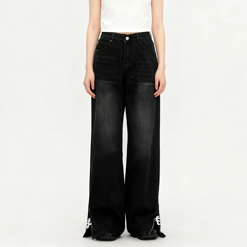 Vintage gewassen denim broek herfst rechte pijpen casual straat rits borduurpatroon voor dames