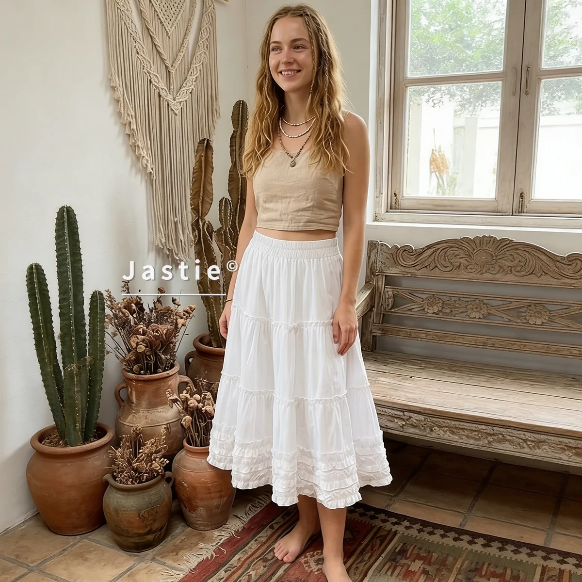

White Boho Ruffle Tiered Skirt Women 2026 Summer French Vintage Fairycore Mini Skirts Elastic High Waist Beach Jupe Robe