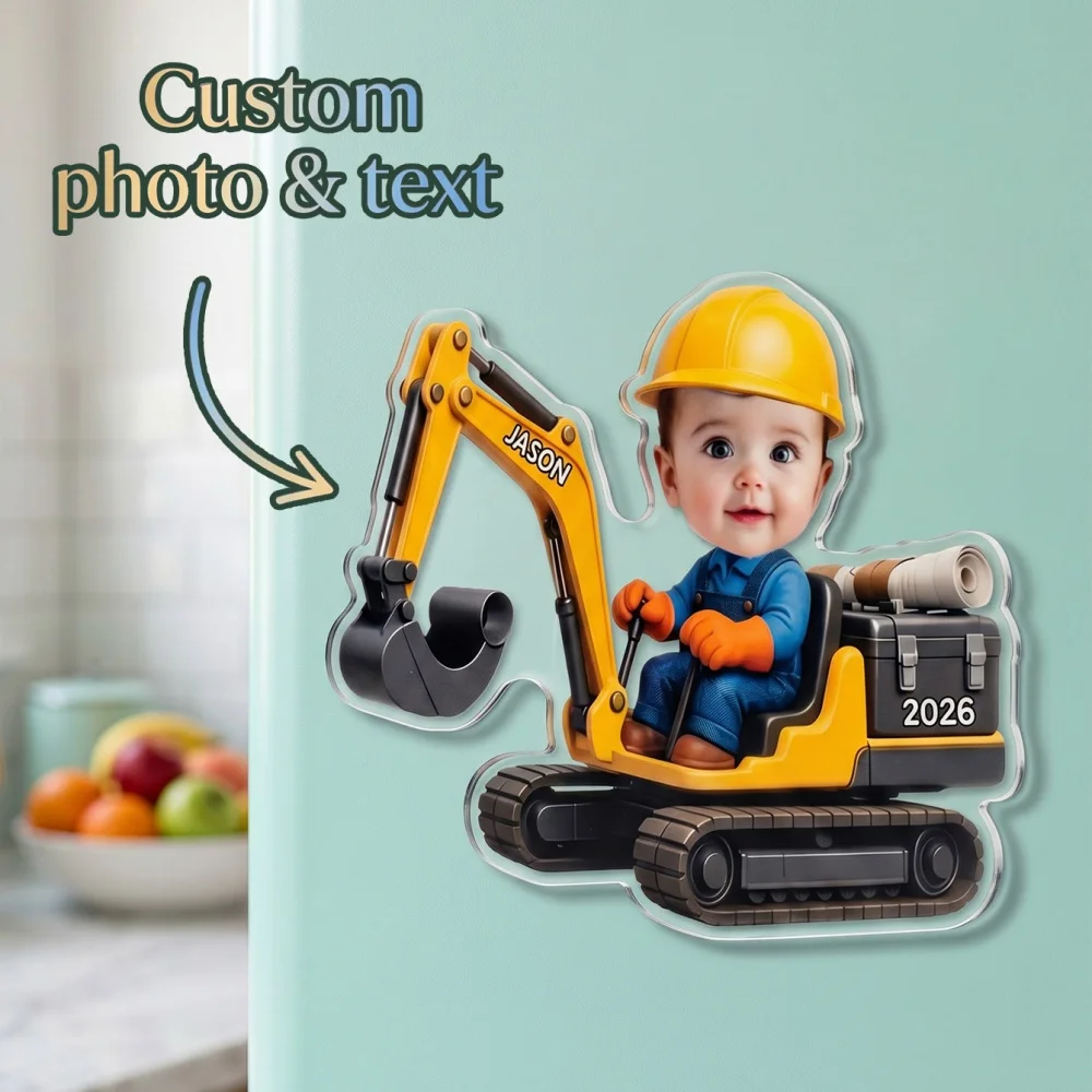 Personalized Baby Photo Fridge Magnet, Excavator Construction Worker Design, Hard Hat Digger Refrigerator Decor,