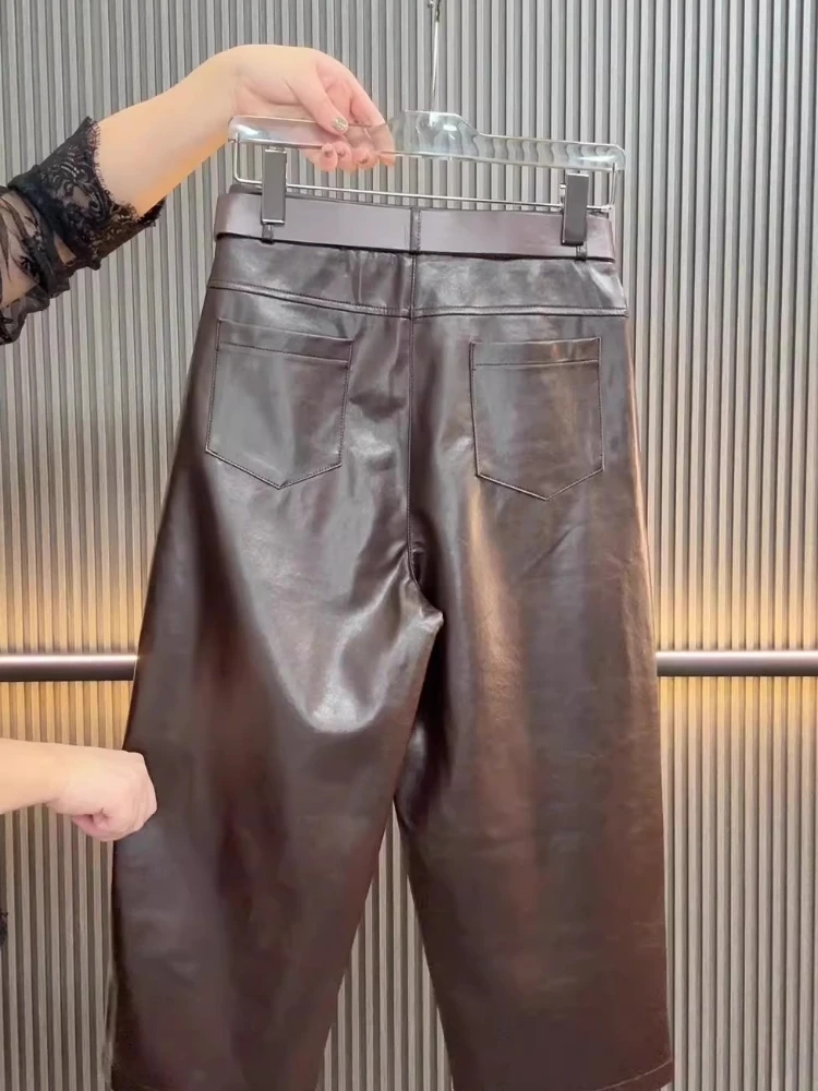 여성 루즈 와이드 레그 PU 가죽 바지 가을 겨울 신축성 있는 허리 패션 Y2K 따뜻한 바지 스트레이트 엘레강트 바지 아우터웨어