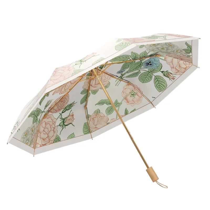 Double-sided Uv Sunshade Umbrella for Women Wood Handle Sunny and Rainy Flower Umbrellas 3 Folding Umbrella Waterproof Paraguas