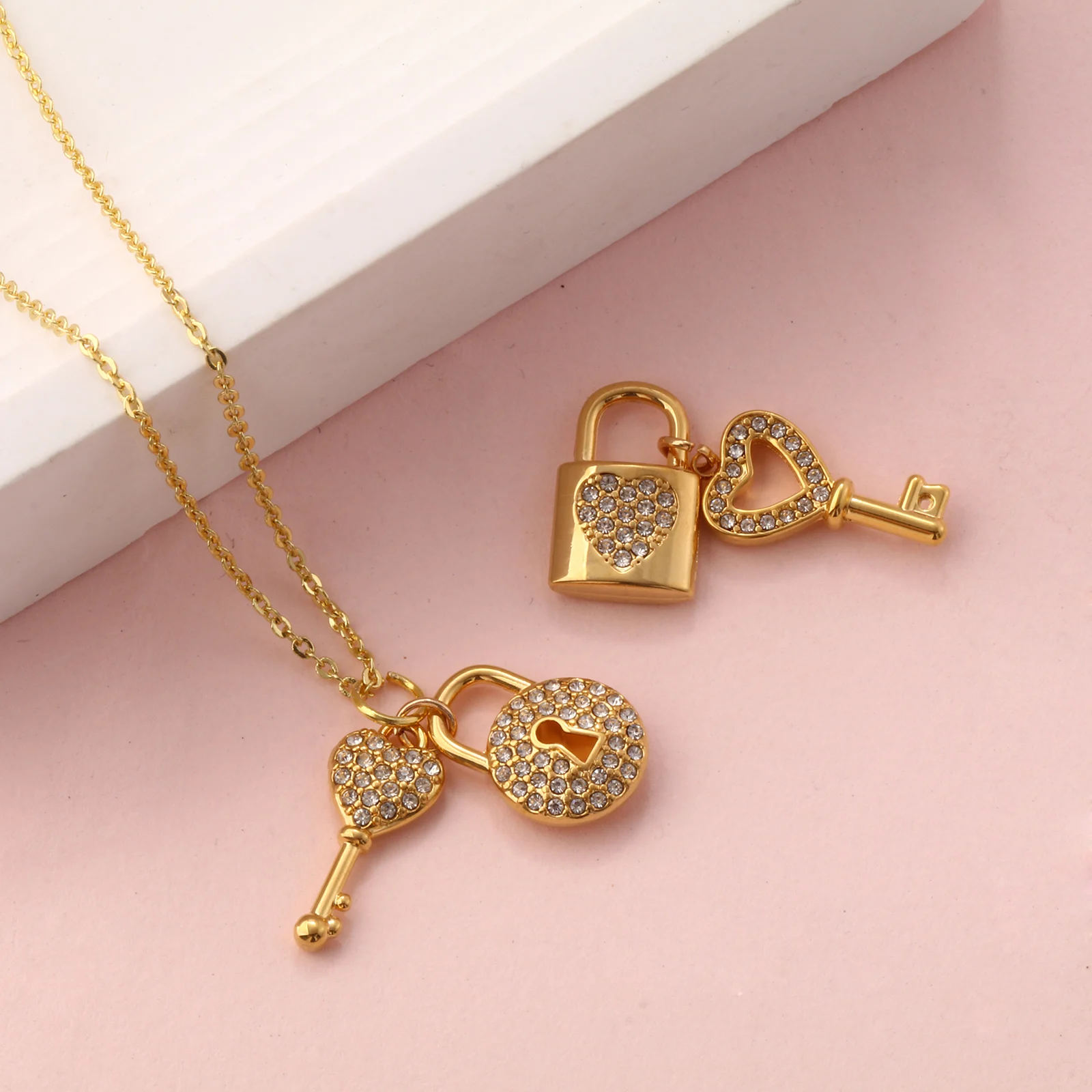 1 Piece 304 Stainless Steel Charms 18K Gold Plated Lock & Key Heart Micro Pave Pendants For DIY Necklace Jewelry Making Findings