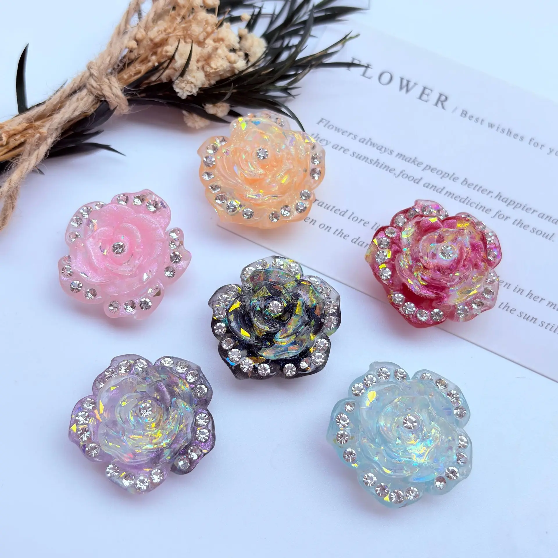 50PCS Perforated Diamond Inlaid Rose luminous Resin 32MM Flowers DIY Handmade Handicraft Material Accessories