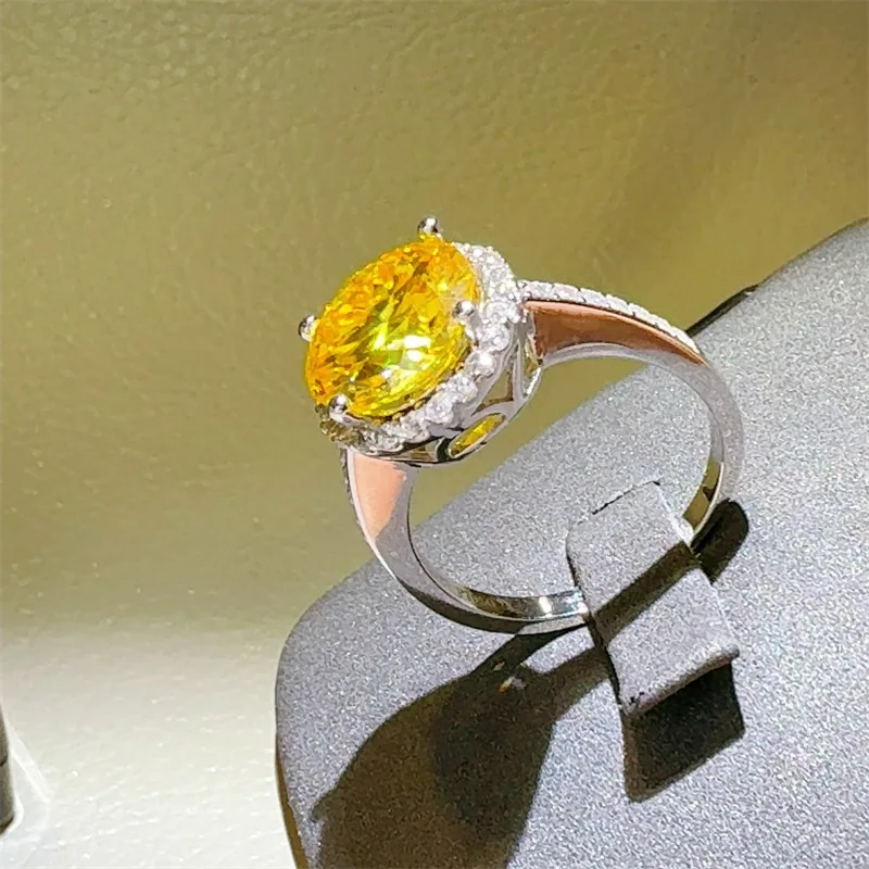 Anel de moissanite redondo amarelo 5 quilates, moda elegante temperamento colorido diamante conjunto de luxo moissanite joias de haste feminina