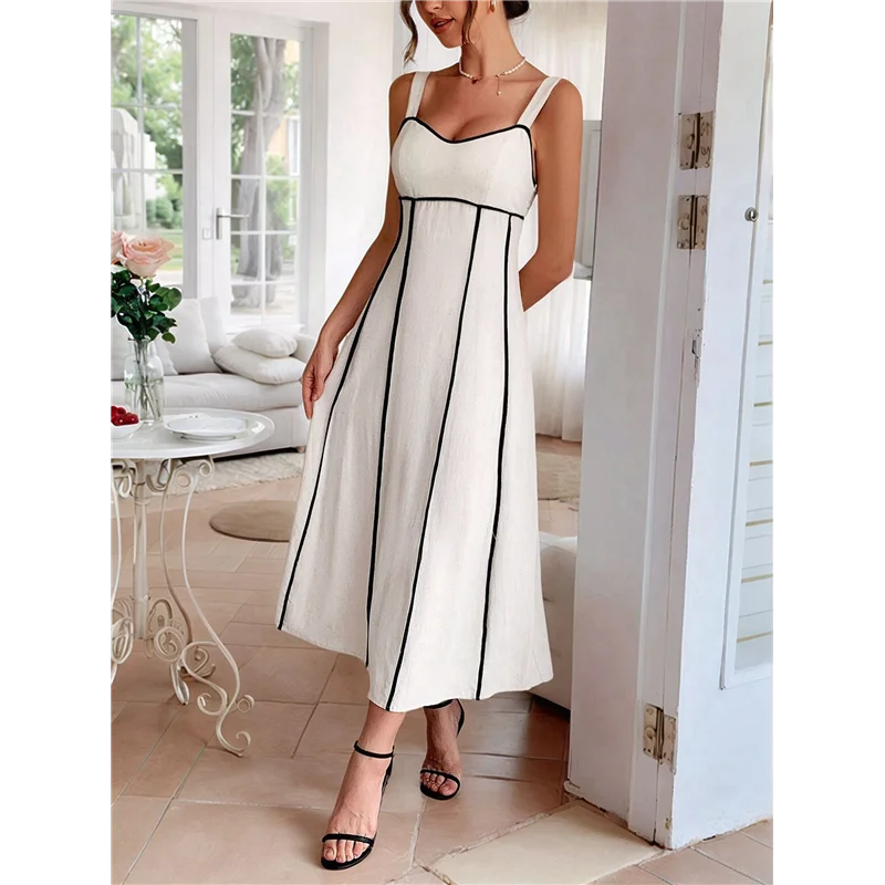 【SEE】Vestito lungo da donna a righe con cinturino per spaghetti ritagliato Abito lungo fluido