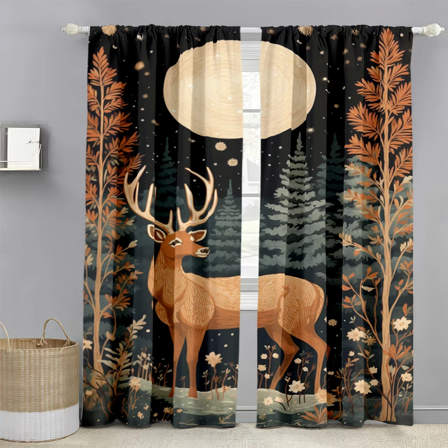2PCS Christmas Digital Print Curtains, Golden Reindeer Snowy Pine Forest Moon, Rustic for Living Room Bedroom Window Decor