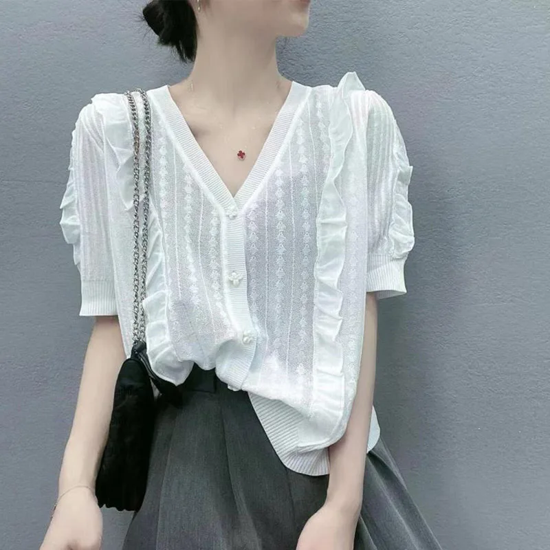 달콤한 레이스 트림 스플라이스 탑 여름 캐주얼 럭셔리 패션 루즈 아이스 실크 브이넥 니트 오픈 가디건 여성용