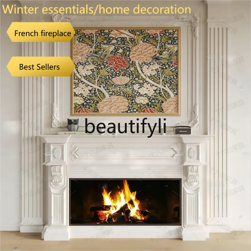 A95 European Style Simple Solid Wood Fireplace Cabinet French Carved Entrance Fireplace Stand American Style Storage Cabinet