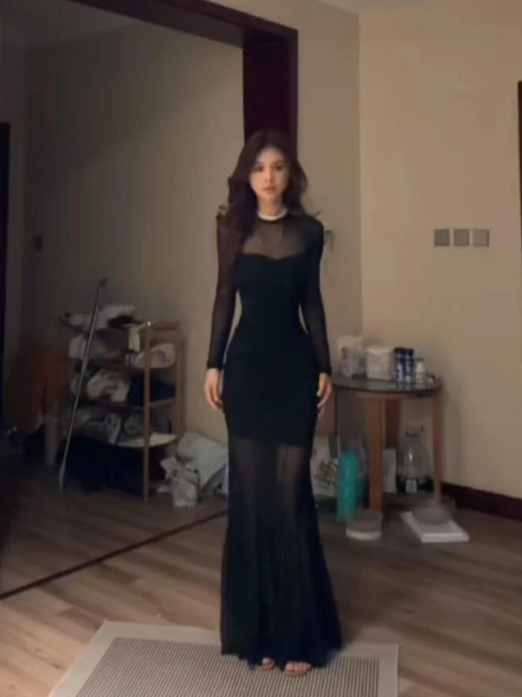 Vestidos de manga comprida vestido feminino outono malhas marrom torcido em camadas gola com painéis linha a academia faculdade clássico