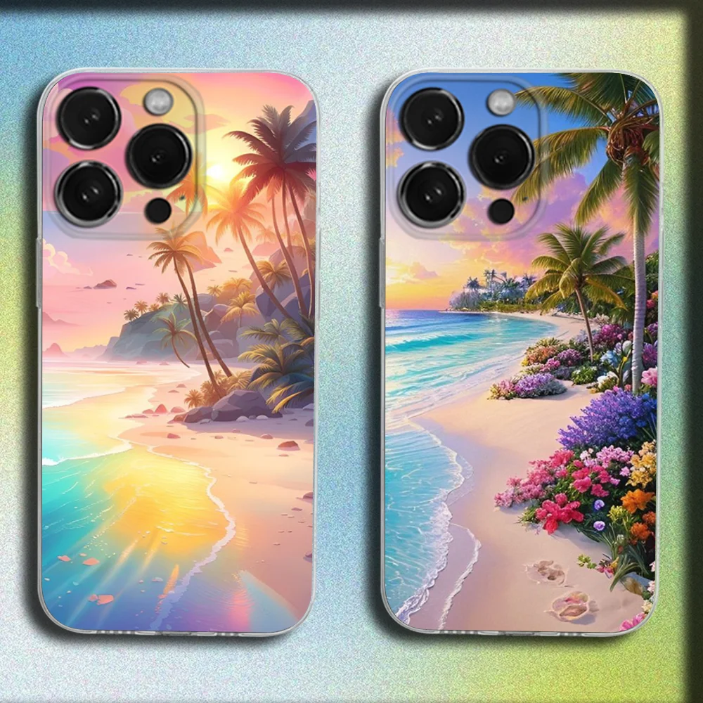 

Summer Beach Sunset Phone Case For iPhone 16,15,14,13,12,11 Plus,Pro,Max,XR,XS,Plus,SE,Mini Transparent Soft Cover