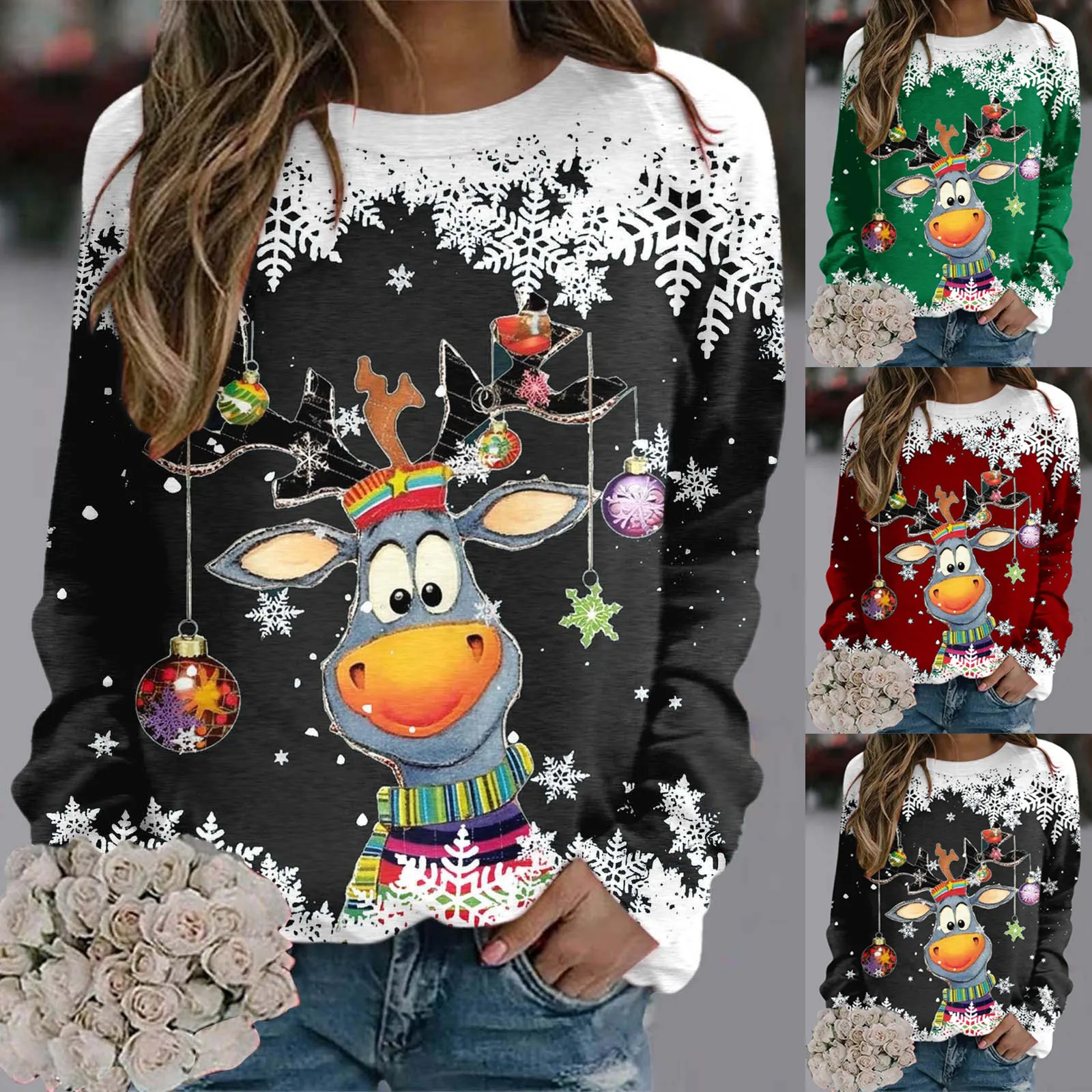 Teen Girls Long Sleeve Crewneck Sweatshirt Sweaters For Women Christmas Cute Reindeer Graphic Xmas Shirts Fleece Clothes Women