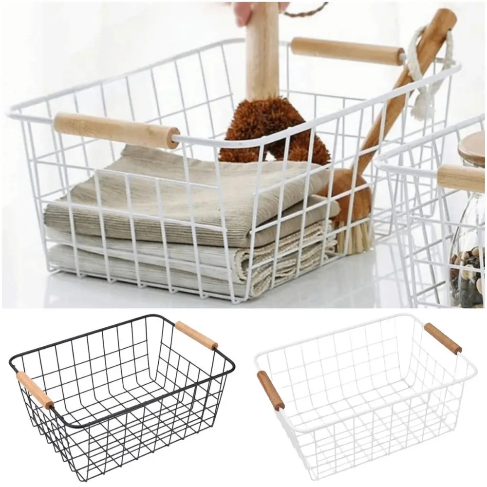 Metal Desktop Storage Basket White Black with Wood Handle Vegetable Fruit Snack Holder Rectangle Large Capacity