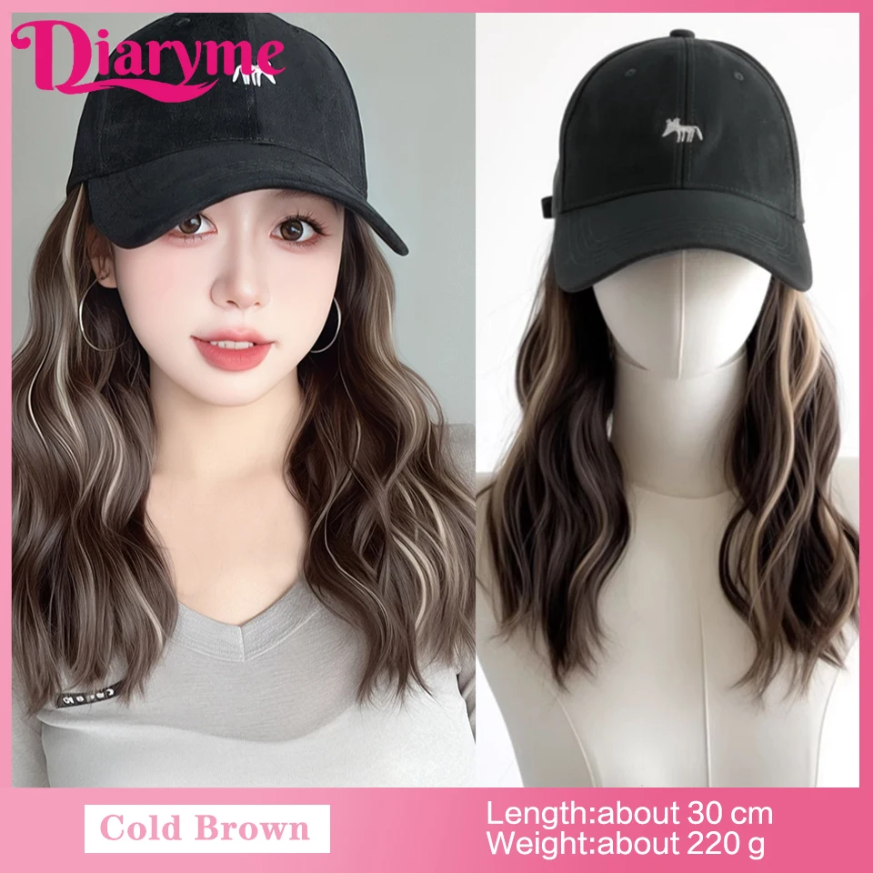 One-piece Cap wig Synthetic Short Water Wavy Wigs With Baseball Hat Brown Highlights Blonde Hair Connet adjustable Baseball cap