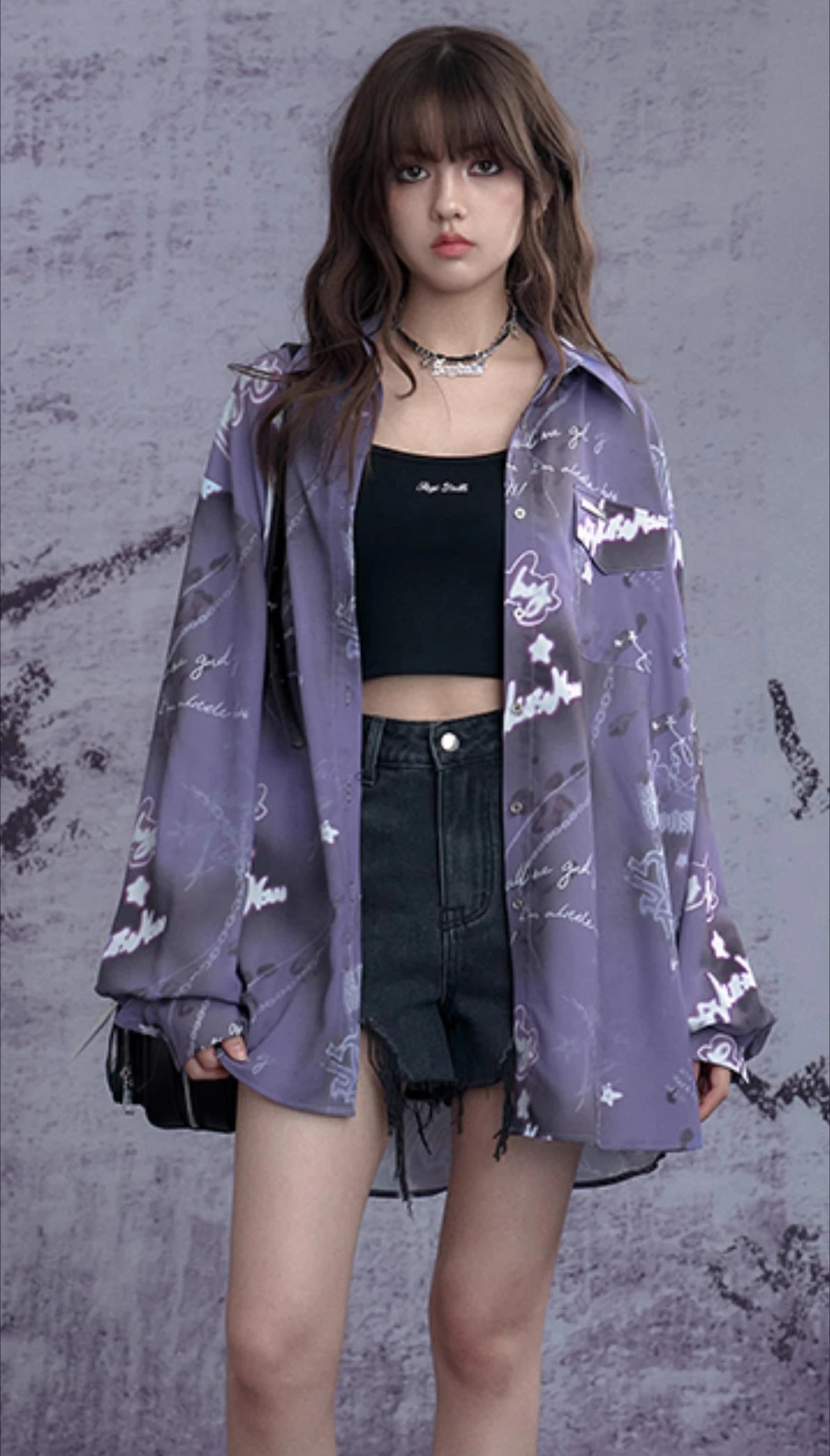 Sweet Cool Print Music Festival Summer Long Sleeve Turn-down Collar Sunscreen Top Handsome Girl Purple Loose Street Style Shirt