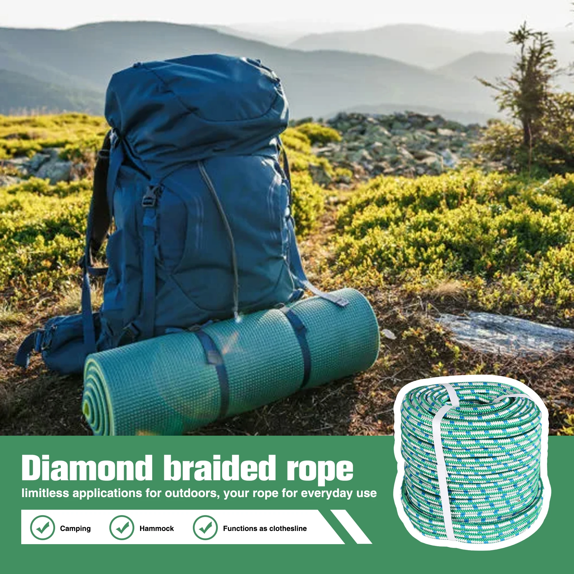 1/2 Inch 16 Strand Braided Polyester Rope 150Ft Green-White-Blue-for Tree Climbing Rigging, Arborist