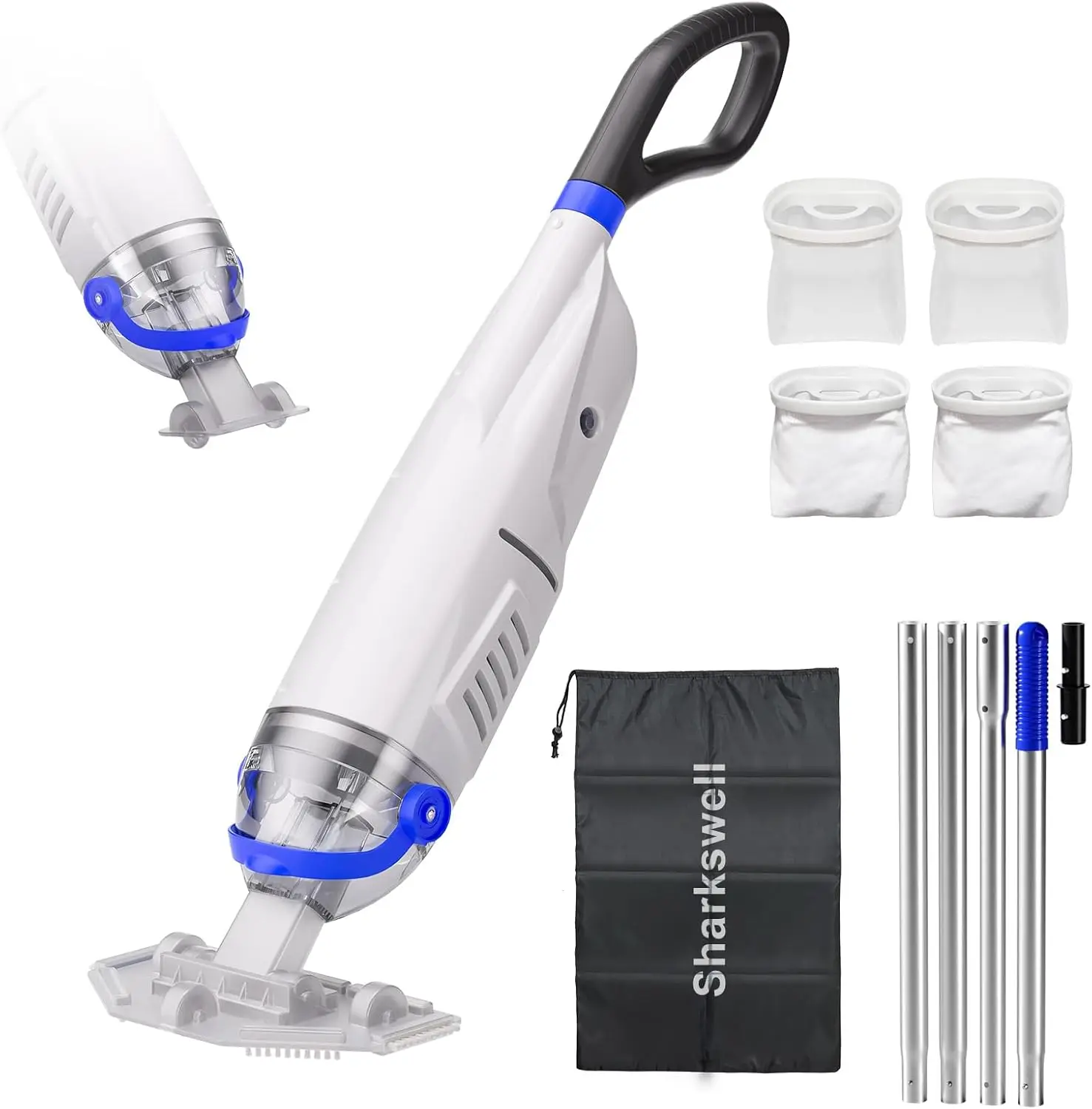 Upgraded Cordless Pool Vacuum with Telescopic Pole, 60 Min Powerful Suction & Transparent Head for Pools and Spas