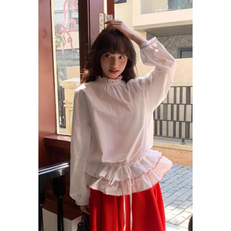 

2025 Korean Fungus Lace Stand-up Collar White Shirt Women's Spring and Autumn 2025 New Loose and Thin Foreign Chic Top