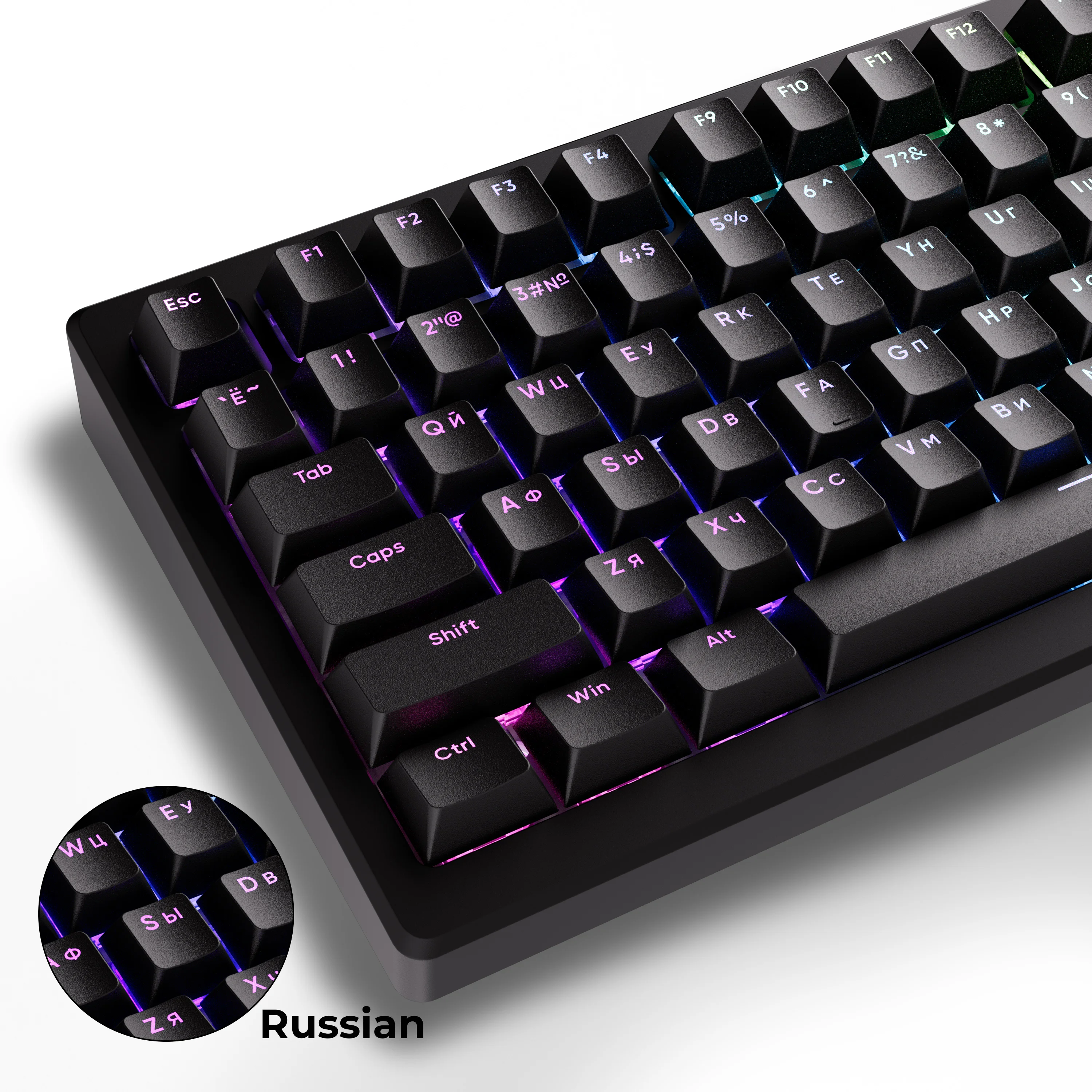 Russian Black Keycaps 133 Keys Top Printed Shine Through PBT Keycaps for North Facing RGB Keyboard Cherry Profile White Keycap
