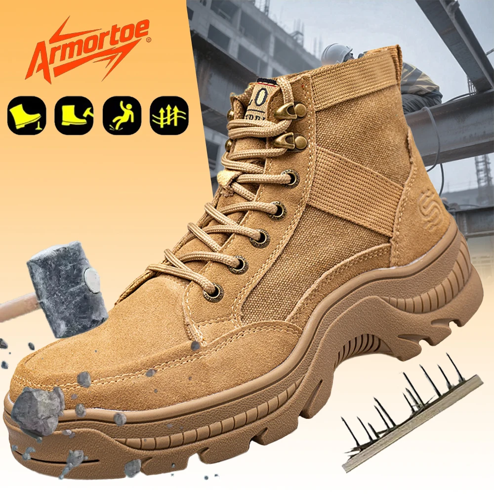 

ArmorToe Men Steel Toe Safety Boots Anti-Impact Puncture Proof High Top Work Hiking Khaki Heavy Duty #Armor3094