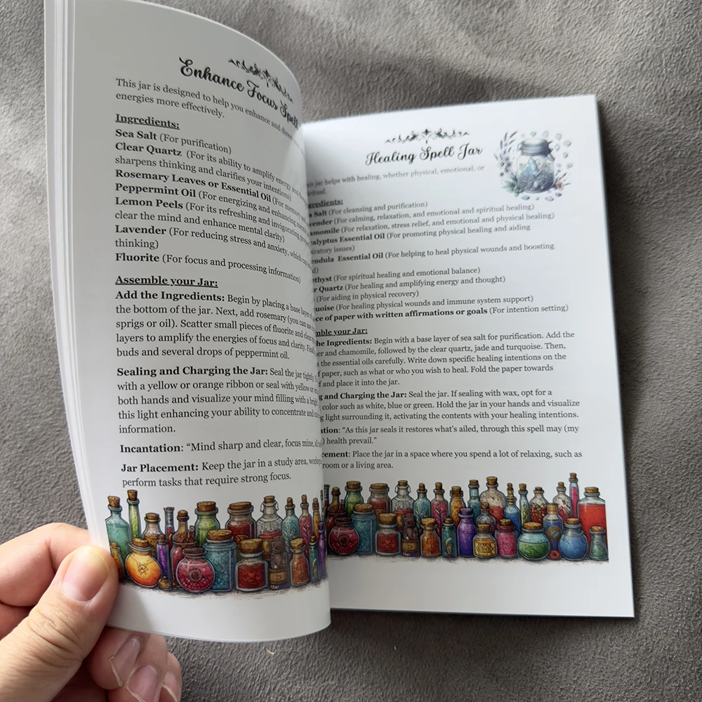 50 صفحة من كتاب إملائي السحر من Grimoire دليل سحري من Wicca مع أوعية طقوس ساحرة كريستالية