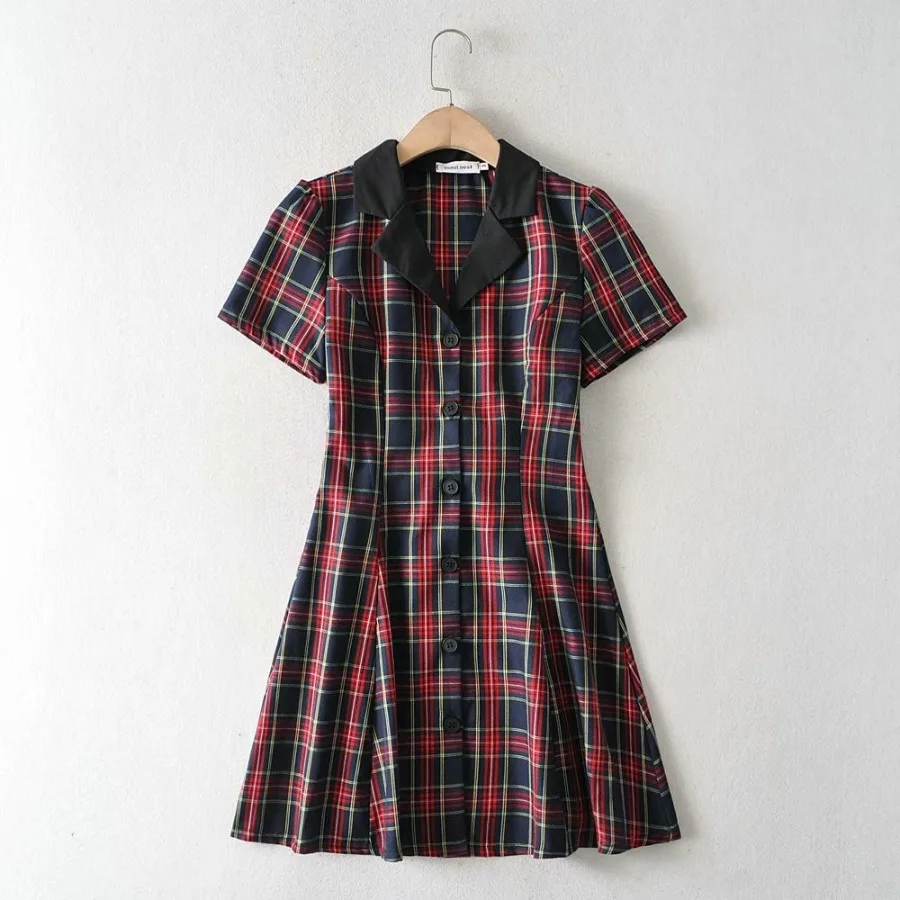 

【New Arrival】Plaid Notched Collar Mini Dress, Button-Down Short Sleeve Preppy Dress for Women