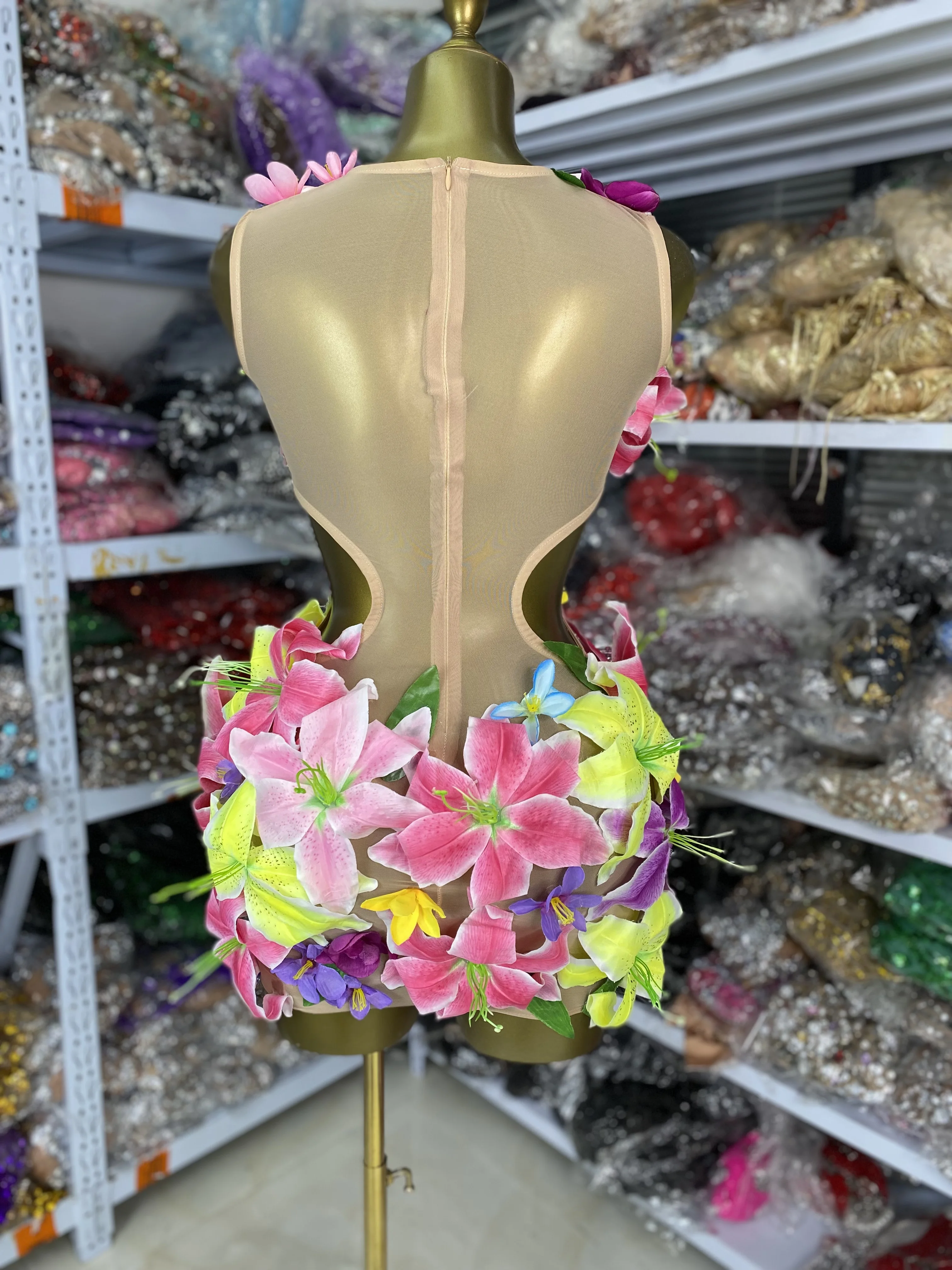 여성 플라워 페어리 포토 드레스 생일 파티 토픽 파티 아플리케 라인스톤 메쉬 컷아웃 웨이스트 보디콘 미니 드레스