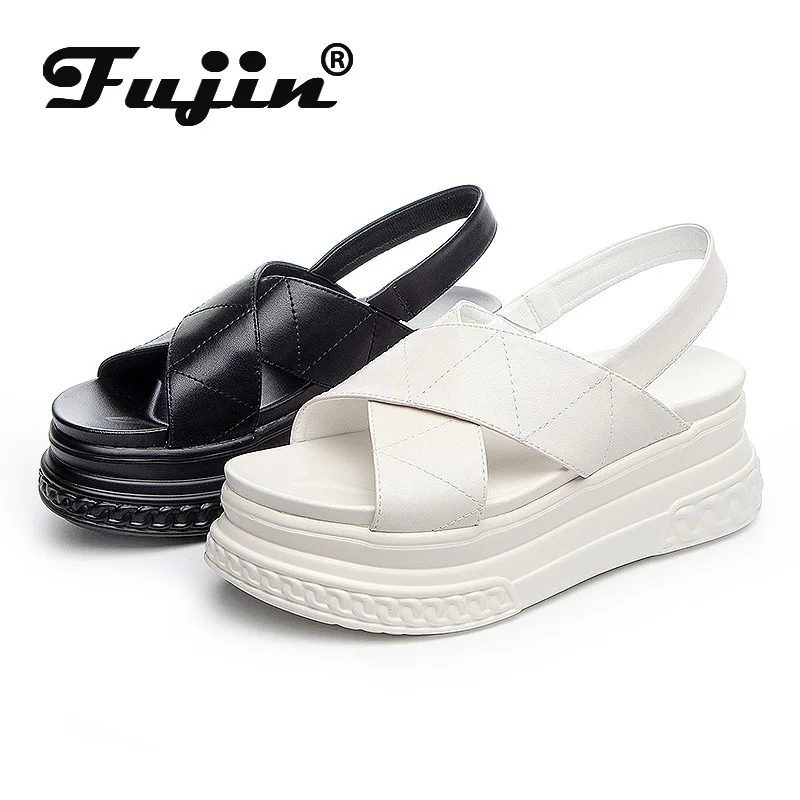 Fujin 7cm Platform Sandals Wedge Shoes Summer Women Genuine Leather Full Cow Women Slides Beach Shoes Sandalias Mujer