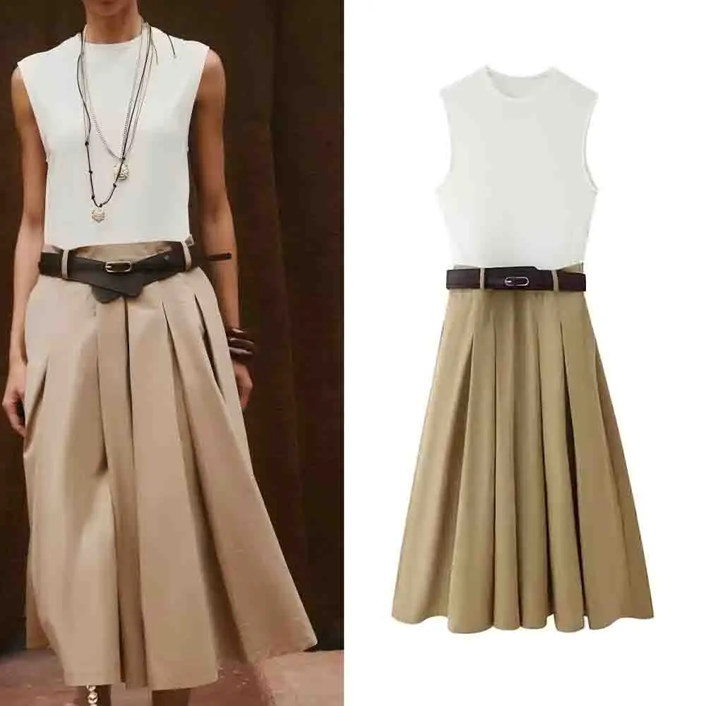 

Women's New Fashion With Belt Casual Splicing Round Neck pleated Midi Dress Retro Sleeveless Side Pocket Women's Dress