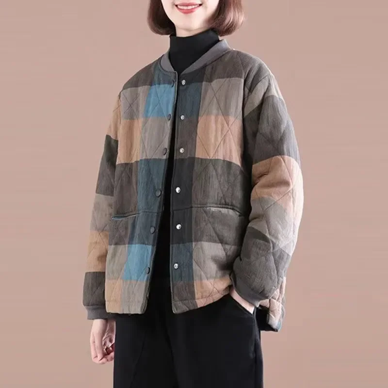 2024 Autumn Winter Clothes New Mother's Short Cotton-Padded Jacket Female Rhombic Plaid Jacket Coat Loose Retro Thick Outwear