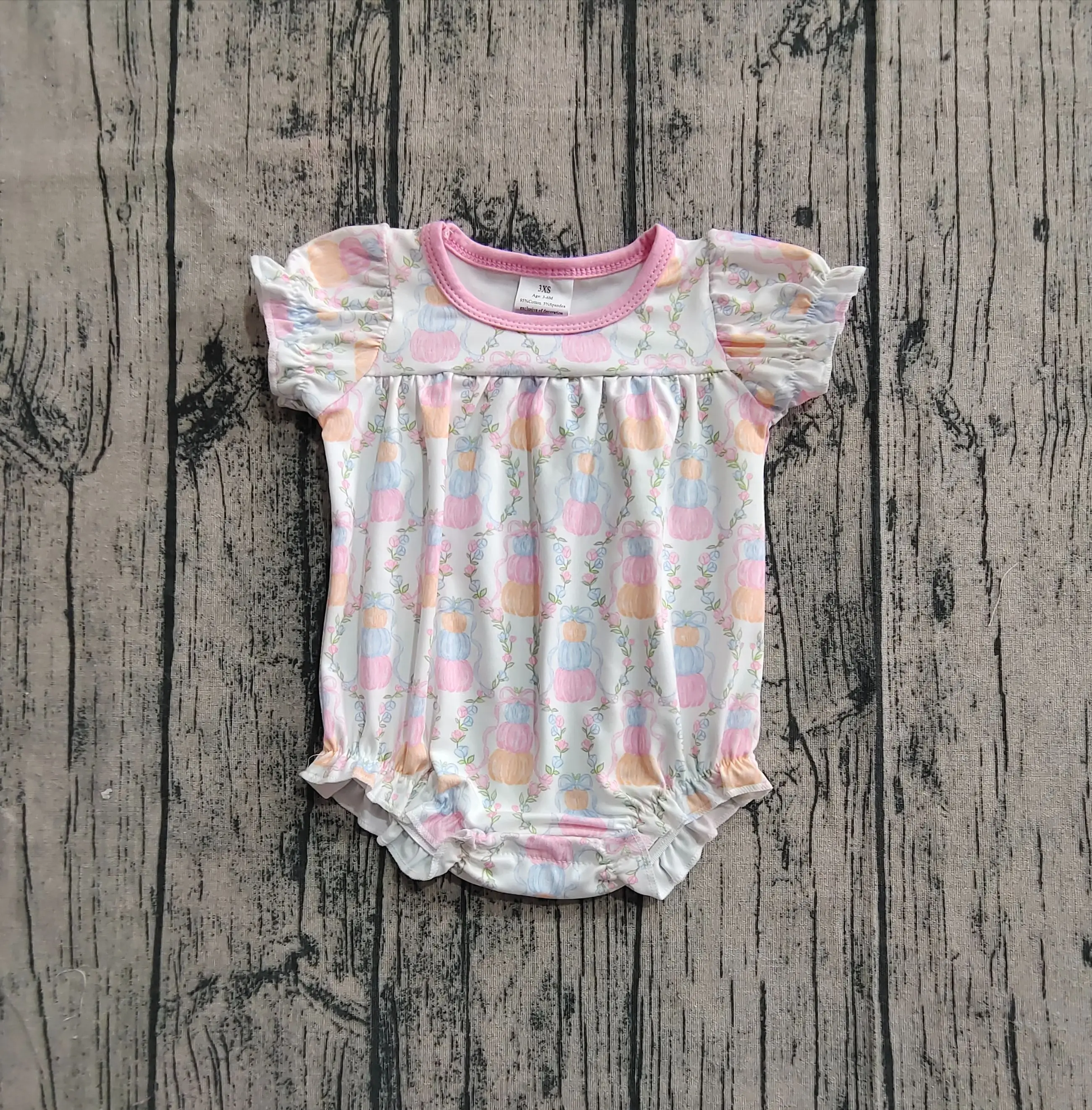 

Wholesale Baby Girl Children Pumpkins Bows Floral Romper Toddler Thanksgiving Newborn Short Sleeves Coverall Bubble Bodysuit