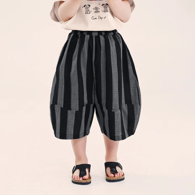 

2026 Summer Clothing New Hot Selling Children's Black and Gray Color Blocked Striped Casual Cropped Pants