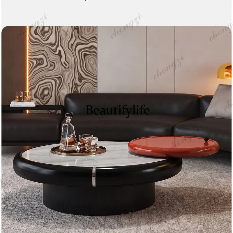 Italian light luxury travertine round coffee table combination, contrasting colors, round coffee table living room home modern