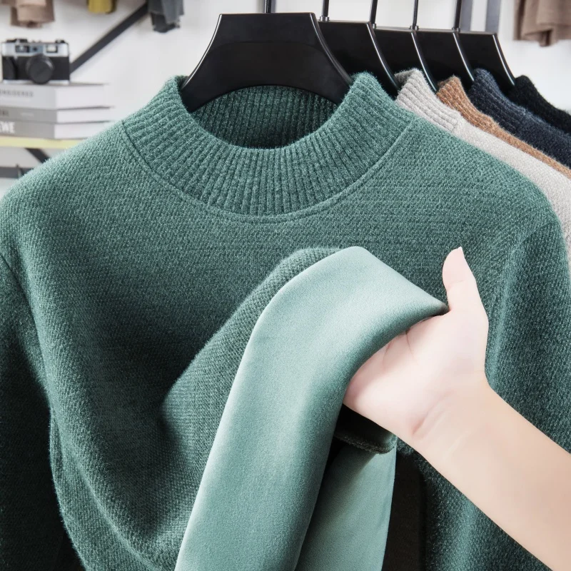 Men's Autumn Winter Long Sleeves Knit Sweater Round Neck Mink Fleece Embroidery Fleece-Lined Pullover Trend Leisure Fashion Tops