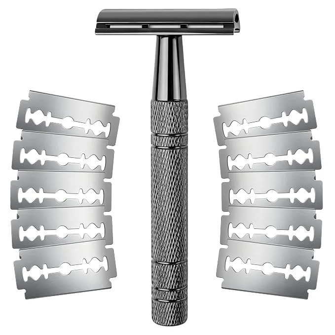 Double Edge Manual Razor for Sensitive Skin, Unisex, Reusable Metal Razor with 10 Stainless Steel Replacement Blades, Razor