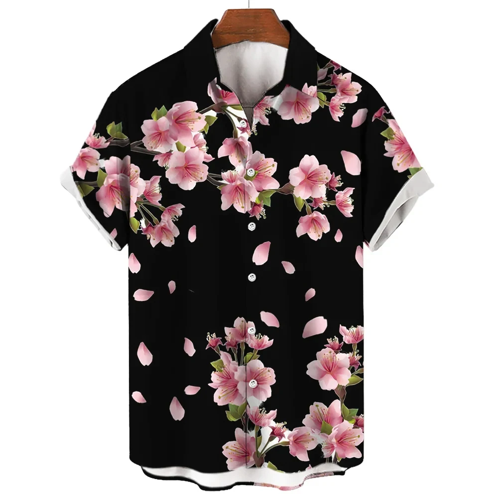 Camisa hawaiana de manga corta para hombre, blusa suelta con botones, ropa informal con flores de melocotón, moda de verano, novedad